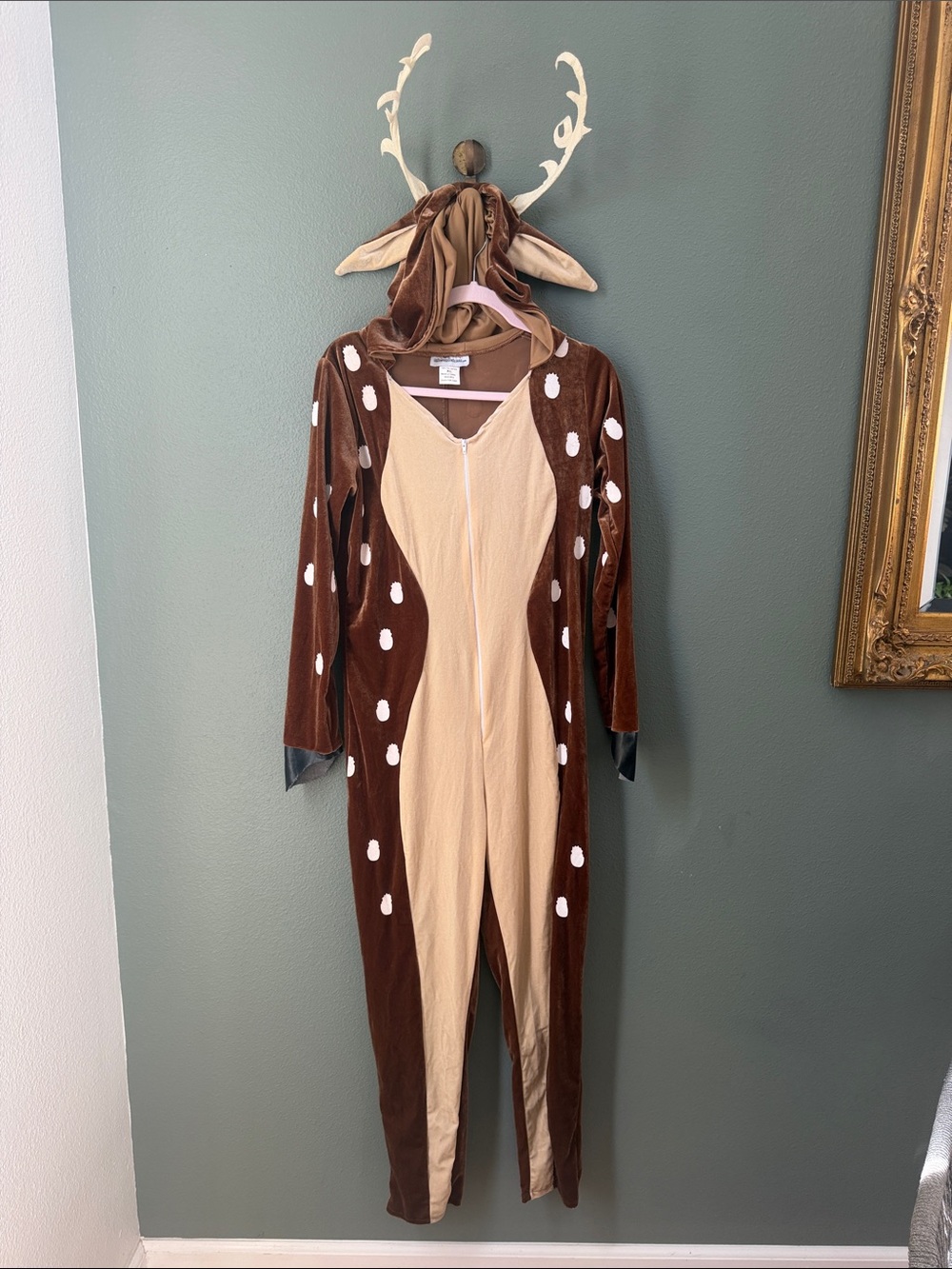 Womens XL Fawn Deer Velour Brown Onesie Costume with Hood